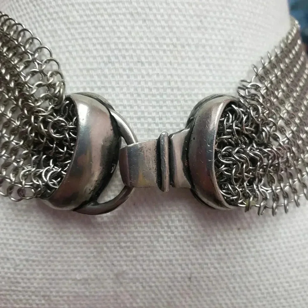 Silver Mesh Gray/Green Crystal Statement Necklace